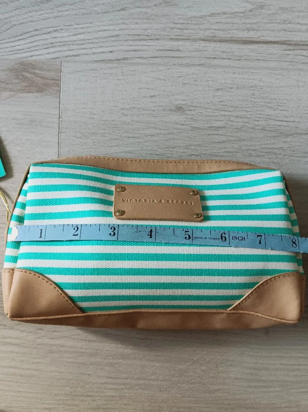 Victoria's Secret Pure Daydream Cosmetics Bag Striped Faux Leather Aqua White